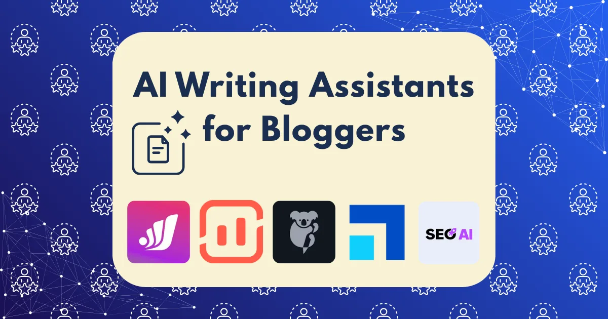 A graphic featuring the text "AI Writing Assistants for Bloggers" above five logos on a cream box, set against a blue background with network and award icons, highlights top AI writing assistants for bloggers.