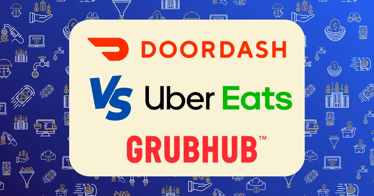 A graphic features the logos of DoorDash vs UberEats vs GrubHub, separated by Vs, set against a beige background with a blue food-themed pattern.