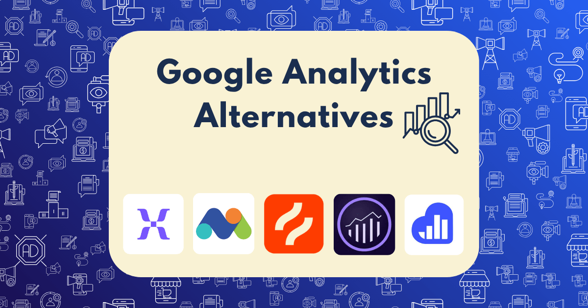 A graphic showcasing Google Analytics alternatives, featuring the title and five analytics platform logos, set against a blue background with marketing icons.