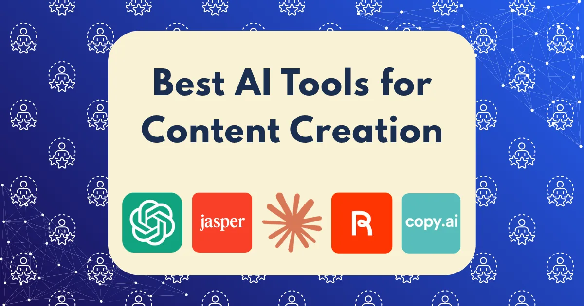 A graphic showcasing the best AI tools for content creation, featuring the text Best AI Tools for Content Creation above logos for ChatGPT, Jasper, Copy.ai, and another tool on a blue background with abstract brain and network patterns.