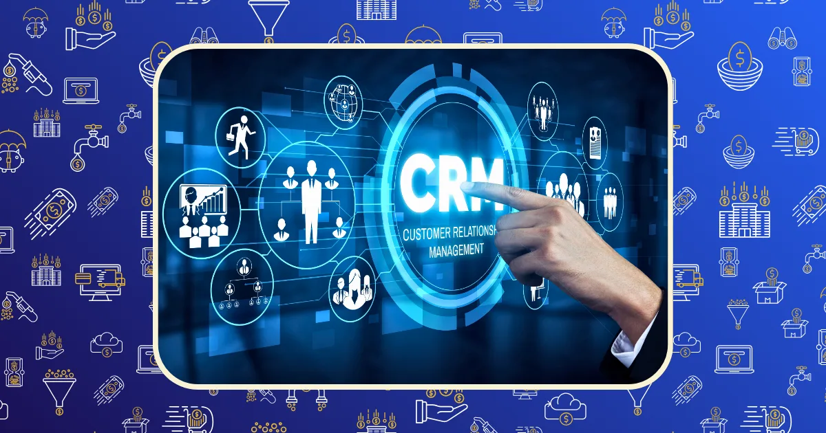 A hand points to a digital interface displaying CRM Customer Relationship Management—ideal for finding the best CRM software for small online businesses—surrounded by people and communication icons on a blue tech-themed background.