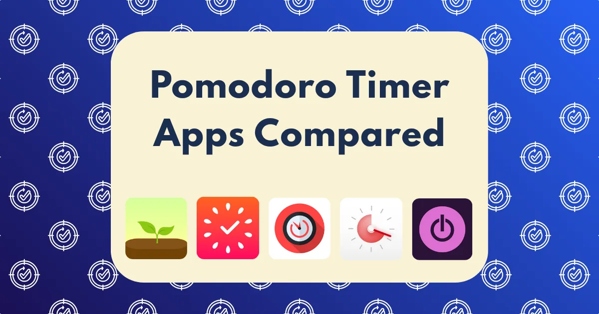A graphic with the text Pomodoro Timer Apps Compared above five colorful Pomodoro timer apps icons, set against a blue background with repeating timer symbols.