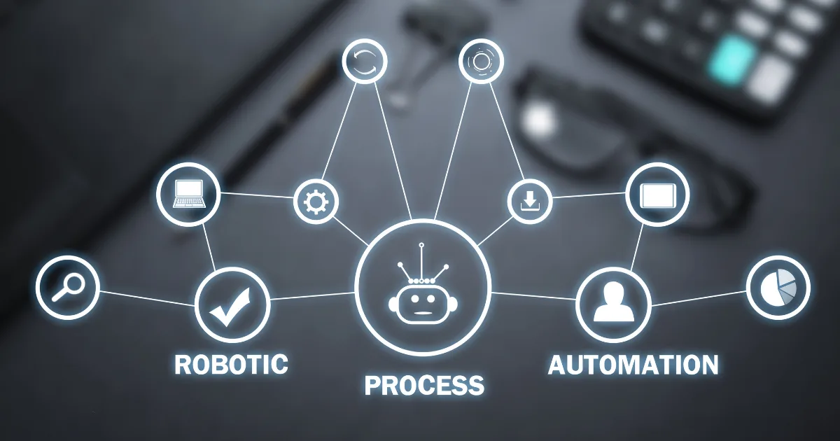 A digital graphic showing the word PROCESS connected to icons representing different tasks, with ROBOTIC AUTOMATION written below, symbolizing robotic process automation in business.