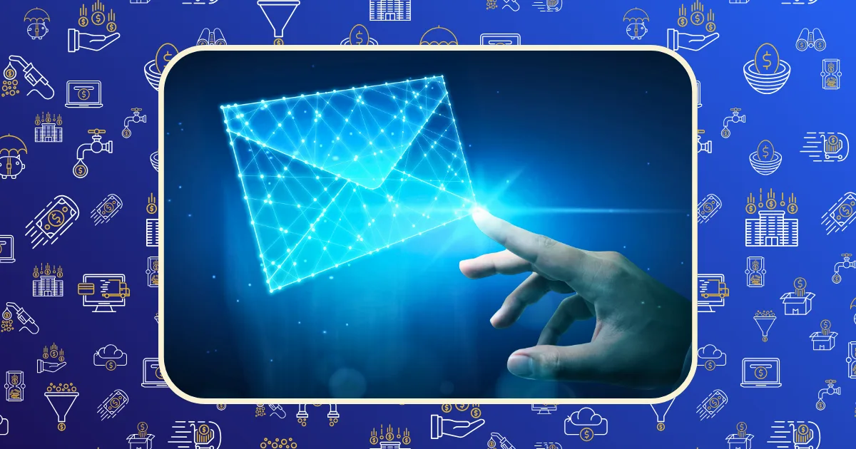 A hand reaches toward a glowing, digital envelope made of blue light on a tech-themed background, highlighting email marketing platforms alongside various digital and communication icons.