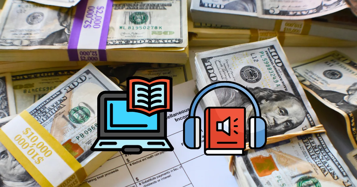Stacks of hundred-dollar bills with illustrated icons of a laptop, book, and headphones with a book, overlaid on top; a financial document is partially visible beneath the money—suggesting royalty income from digital and audio content.