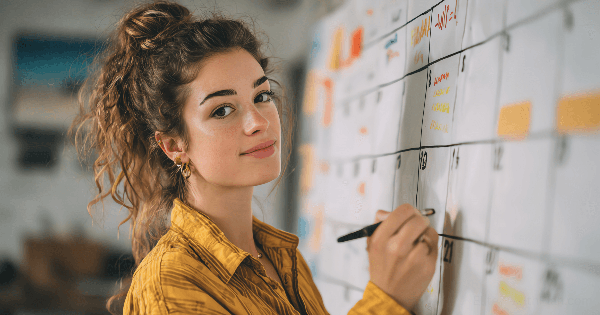 A woman with curly hair in a yellow shirt writes on a large social media calendar with a marker, looking at the camera in a bright, modern workspace.