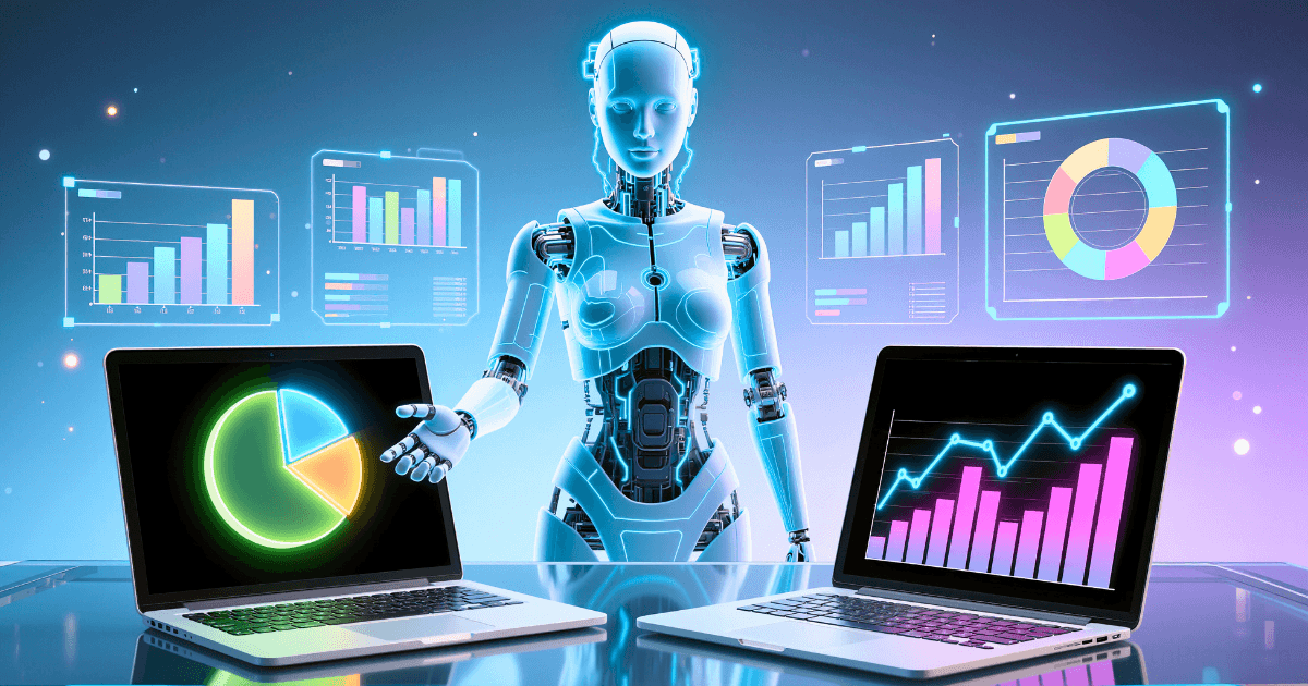 A humanoid robot stands behind two laptops displaying colorful charts and graphs, with floating data visualizations in the background, representing AI and data analysis for an AI content tools comparison.