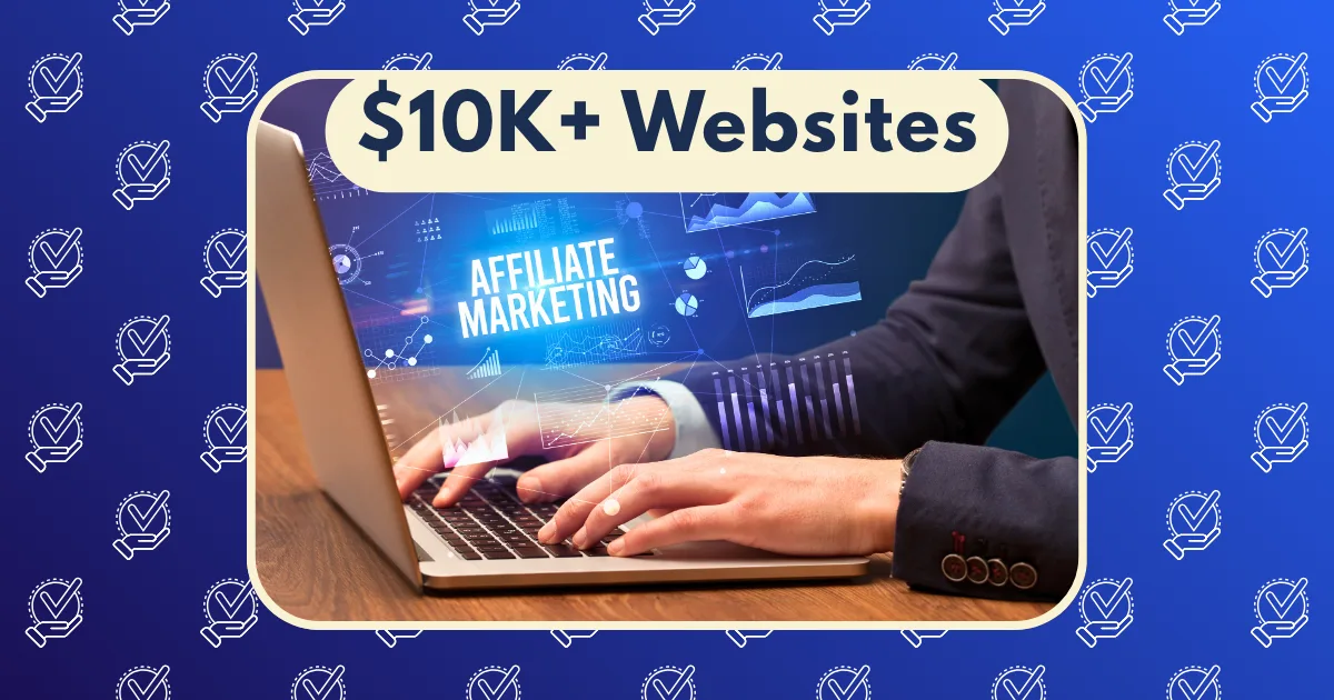 A person in a suit types on a laptop displaying the words “AFFILIATE MARKETING,” with blue digital graphics and a banner reading “$10K+ Affiliate Websites” set against a patterned blue background.