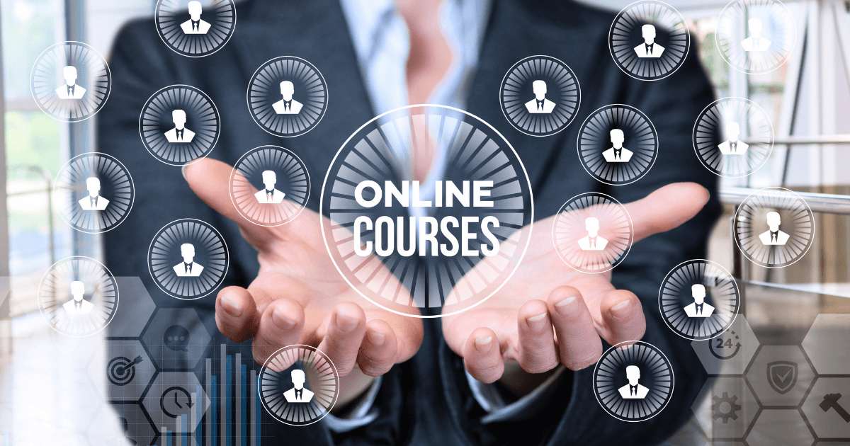 A person in a suit holds out their hands with icons of people connected in circles, and the words ONLINE COURSE appear at the center, symbolizing digital learning and networking.