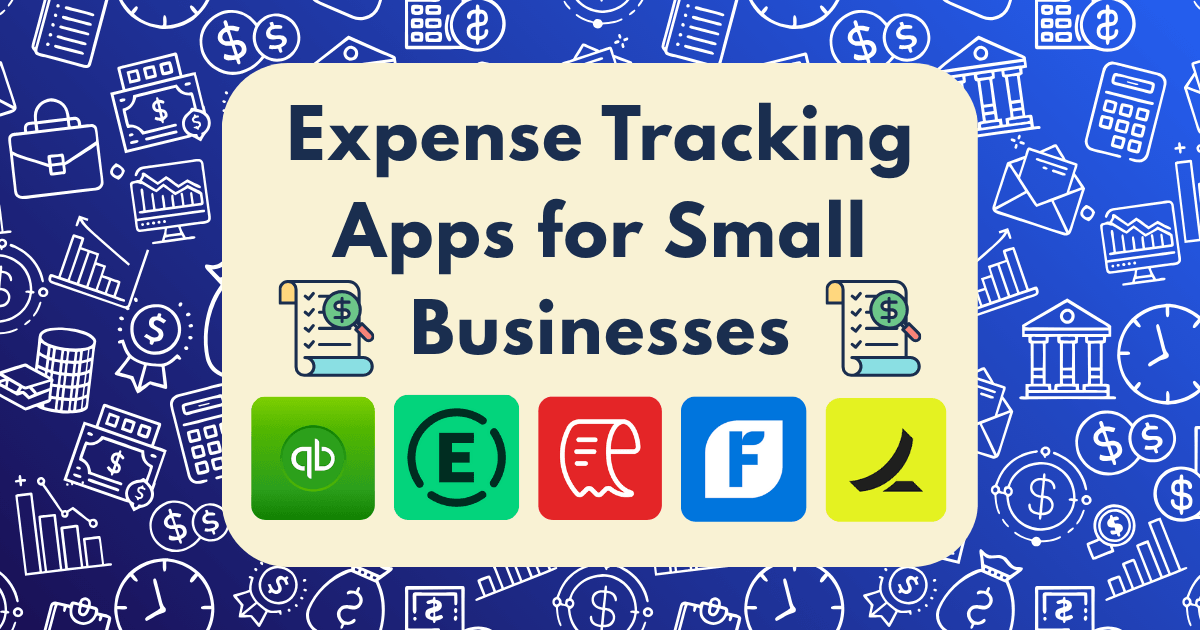 A graphic with the text Expense Tracking Apps for Small Businesses and icons of top expense tracking apps for small business on a blue background decorated with finance-related doodles.