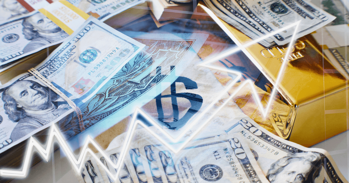 Bundles of US dollar and euro banknotes and gold bars scattered together, overlaid with an upward-pointing white arrow graph, symbolize financial growth or investment profit from passive income streams.