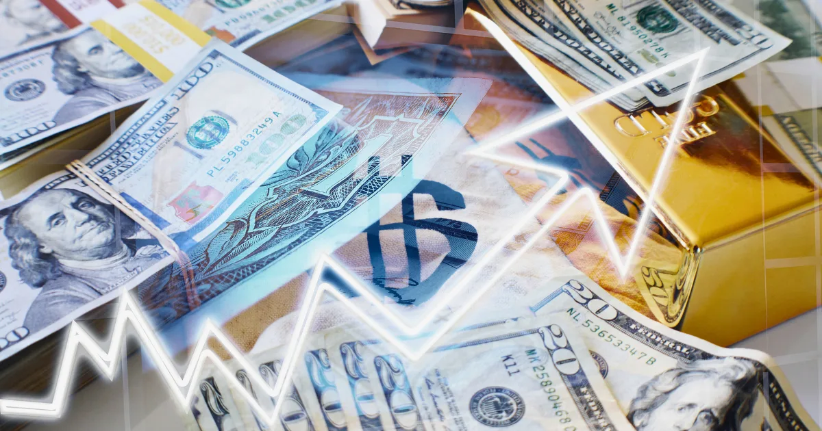 Bundles of US dollar and euro banknotes and gold bars scattered together, overlaid with an upward-pointing white arrow graph, symbolize financial growth or investment profit from passive income streams.