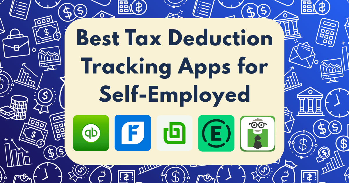 A banner featuring the text Best Tax Deduction Tracking Apps for Self-Employed, with app icons and a blue background adorned with finance-themed line drawings. Perfect for discovering top tax deduction tracking apps for self-employed professionals.