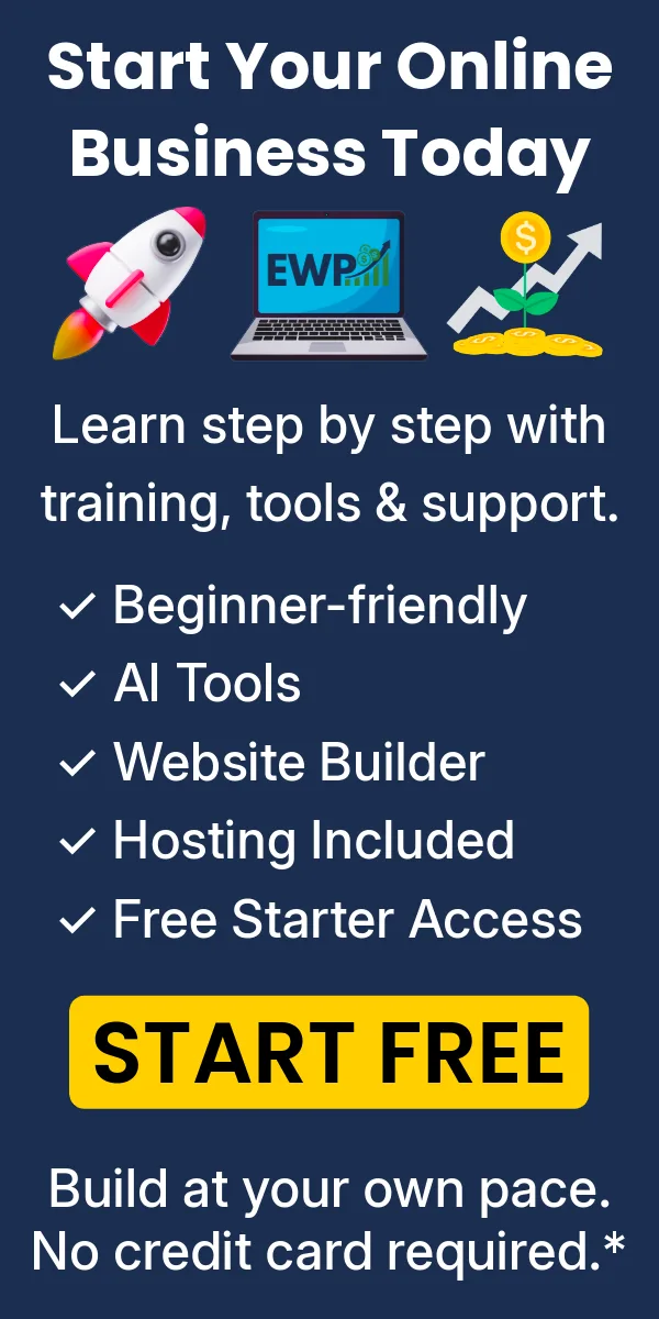 Online business ad with rocket, laptop, and money icons. Lists beginner-friendly tools: AI, website builder, hosting, and free access. Start Free button and note: No credit card required.